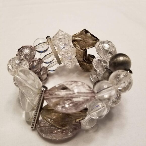 Vintage Chunky Lucite Beaded Statement Bracelet Clear Silver Smoky Y2K Boho Glam - Picture 5 of 7